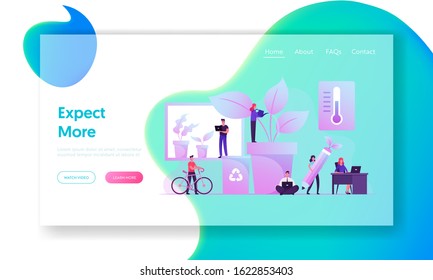 Eco Technologies for Work Website Landing Page. Business People Work in Modern Office with Green Plants. Creative People with Laptops Successful Team Web Page Banner. Cartoon Flat Vector Illustration