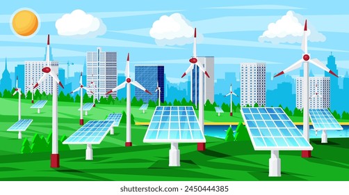 Eco Technology Background. Green Energy. Cityscape Landscape with Solar Panels, Wind Electrical Generators Turbine. Green Energy Source. Alternative Renewable Energy. Flat Vector Illustration