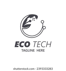Diseño de vectores de negocios de tecnología ecológica moderno. Logo de la tecnología de la naturaleza con ilustración de vector minimalista con tecnología de hoja y circuito