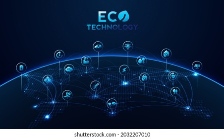 Tecnología ecológica o concepto de tecnología ambiental con Iconos ambientales a través de la conexión de red. diseño vectorial.