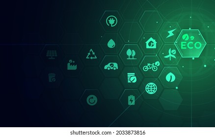 Eco Technology Or Environmental Technology Concept With Environment Icons Over The Network Connection. Vector Design.