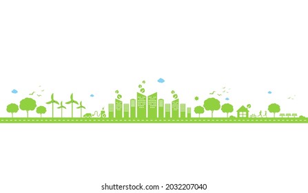 Eco technology or environmental concept modern green city and plant leaf growing inside.  Eco-friendly urban lifestyle with icons over the network connection. vector design.