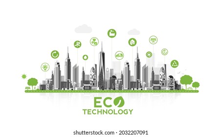 Eco technology or environmental concept modern green city. Eco-friendly urban lifestyle with icons over the network connection. vector design.