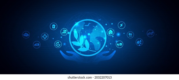 Eco technology or environmental technology hand holding with environment Icons over the Network connection. vector design.