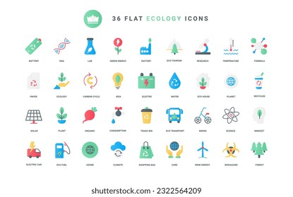 Eco technology, lab research and ideas symbols collection with sorting and recycle garbage, electric transport and science. Ecology and green energy trendy flat icons set vector illustration.