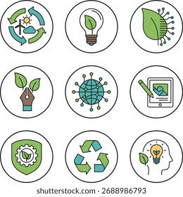 Eco Technology Line Icons Set - Nachhaltige Innovation und umweltfreundliches Energiekonzept Vektor