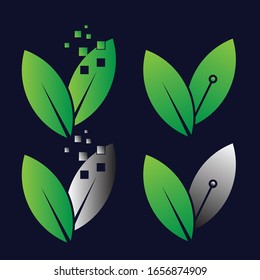 eco technology logo bundle set with leaf and tech icon