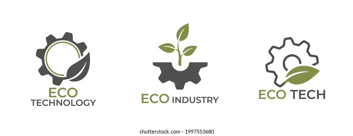 Eco technology logo set. gear and leaf icon. eco friendly and industry symbols. isolated vector images