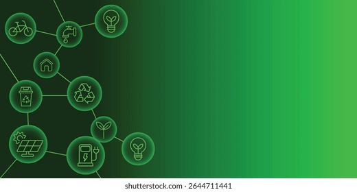 Eco technology network with connected green energy icons on gradient background for renewable energy and sustainability concept.
