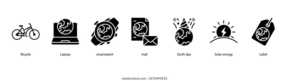 Eco Technology web banner illustration featuring Bicycle, Laptop, Smartwatch, Mail, Earth day, Solar energy, and Label.