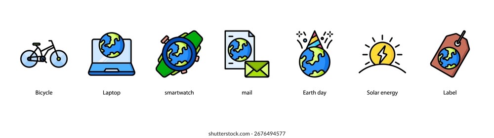 Ilustración de Anuncio de Web de Tecnología ecológica con bicicleta, computadora portátil, reloj inteligente, correo, día de la Tierra, energía solar y etiqueta.