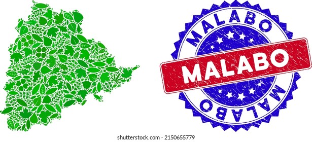 Composición cartográfica del estado Eco Telangana de hojas de hierbas en tonos verdes con sello de sello de sello Malabo bicolor gris. Sello bicolores rojo y azul con un estilo impuro y texto de Malabo.