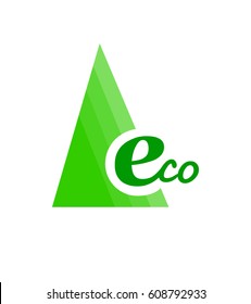 Eco text badge with green leaf. Linear style letters logo. Rounded hex shape background.
