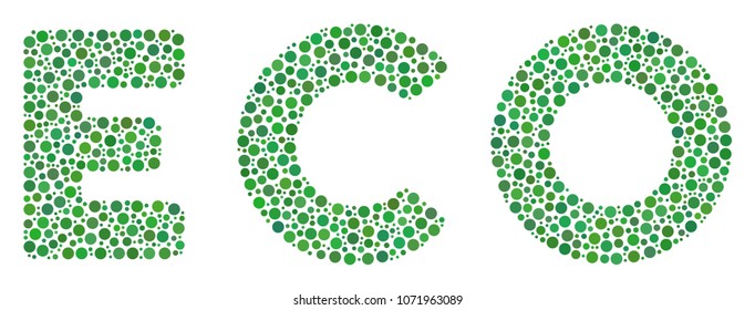 Eco Text collage of dots in various sizes and color tints. Round dots are composed into eco text vector mosaic. Dotted vector design concept.
