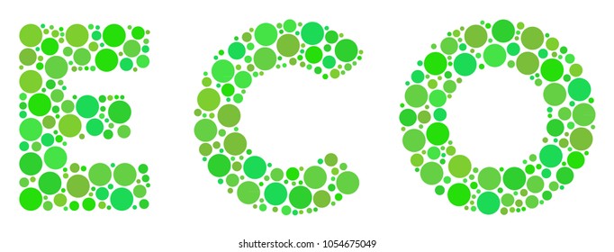 Eco Text collage of filled circles in variable sizes and ecological green shades. Vector round dots are organized into eco text illustration. Eco design concept.