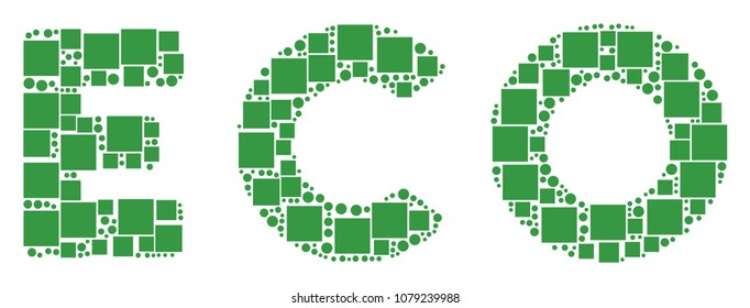 Eco Text collage icon of square shapes and circle particles in various sizes. Vector items are combined into eco text composition design concept.
