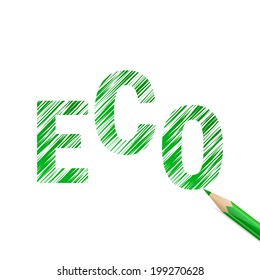 Eco text drawn with bright green pencil on white background. Ecology concept