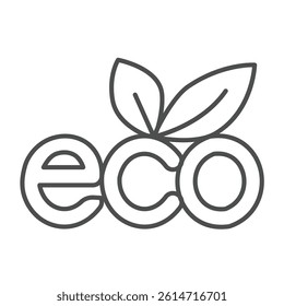 Eco text font and leaves thin line icon, eco tourism concept. Vector graphics. Text abbreviation of ecology sign on white background, linear style icon for mobile or web design