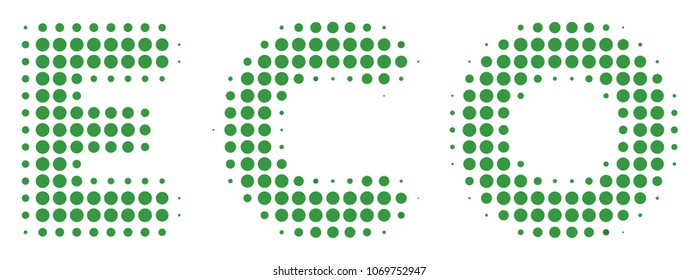 Eco Text halftone vector pictogram. Illustration style is dotted iconic Eco Text icon symbol on a white background. Halftone matrix is round blots.