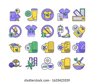 Eco textile color line icons set. Clothing and other accessories that are designed to use organic. Pictogram for web page, mobile app, promo. UI UX GUI design element. Editable stroke.