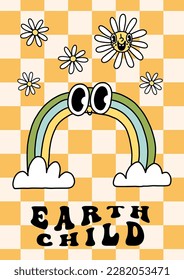 Eco theme poster or card in groovy retro cartoon style. Happy earth day, environment day ecology elements design. Trendy vintage lettering, rainbow with flowers on retro background concept. Isolated