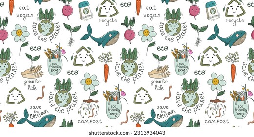 Eco theme seamless pattern. Environmental conservation, Earth Day concept. Motivational text and ecological symbols. Cute kawaii design elements. Vector illustration.