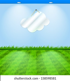 Eco themed room with cloud shaped mirror and grass