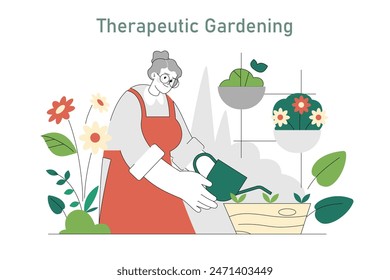 Eco Therapy concept. An elderly woman engages in therapeutic gardening, nurturing plants with care. Wellness through nature connection. Vector illustration.