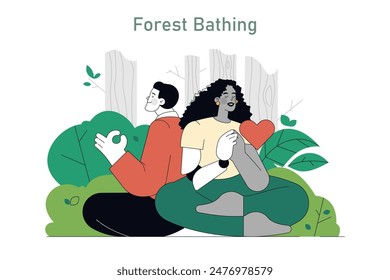 Eco Therapy concept. Illustration of a couple engaging in forest bathing amidst tranquil greenery, symbolizing wellness and connectivity with nature. Vector illustration.