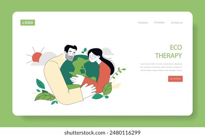 Eco Therapy concept. Illustration of a couple embracing a stylized earth, promoting connection with nature for wellbeing. Vector illustration.