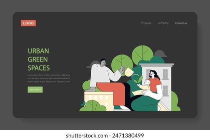 Eco Therapy concept. Illustration showing people engaging with plants in an urban setting, promoting mental well-being. Harmony with nature in city life. Vector illustration.