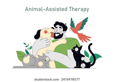 Eco Therapy concept. Man surrounded by pets enjoying the calming effects of animal-assisted therapy. Companionship, mental health support. Vector illustration.