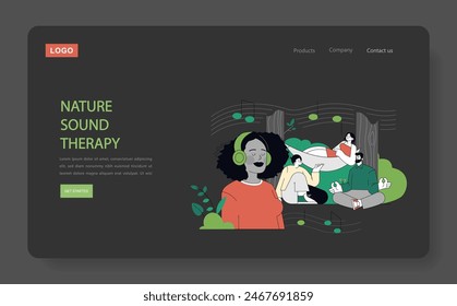 Eco Therapy concept. People engage in outdoor activities, harmonizing with nature for mental wellness. Relaxation in natural settings, sound healing. Vector illustration.