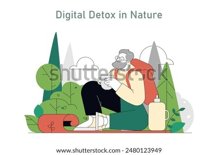 Eco Therapy concept. A serene setting shows an individual relaxing with tea amidst nature, illustrating rejuvenation away from digital devices. Vector illustration.