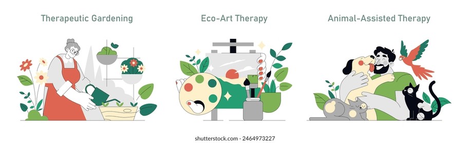 Equipo de terapia ecológica. Ilustraciones que muestran la jardinería terapéutica, la creación de eco-arte y la terapia asistida por animales para el bienestar. Ilustración vectorial.