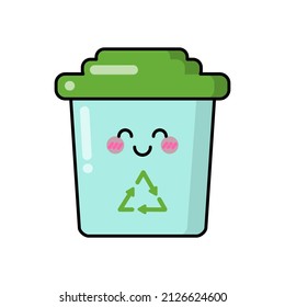 Eco thing for patches, badges, stickers, logos. Cute funny cartoon character icon in asian japanese kawaii style. Vector ecology doodle trash or waste bin, recycling sorting.
