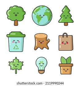 Eco things patches, badges, stickers, logos. Set of cute funny cartoon characters icons in asian japanese kawaii style. Vector ecology doodles of Earth planet, tree, paper bag, lamp, maple leaf, bin.