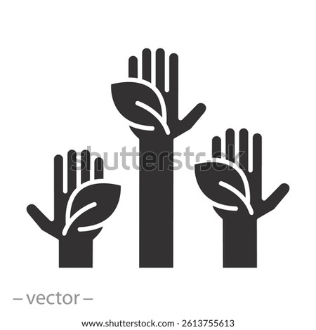 eco thinking, hands holding leaves icon, green environmental, flat vector illustration