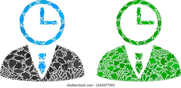 Composición de ícono del gestor de tiempo ecológico de hojas florales en variaciones de color verde y natural. Plantilla de vector de entorno ecológico para el icono del gestor de tiempo.