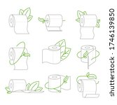 Eco toilet paper icons set. WC paper with green leaves. Vector illustration