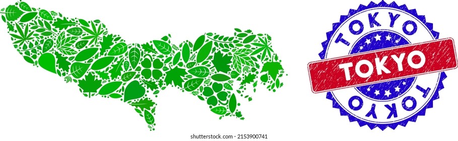 Eco Tokyo Prefecture map collage of herbal leaves in green color tinges with grunge bicolor Tokyo stamp. Red and blue bicolored stamp with scratched texture and Tokyo word.