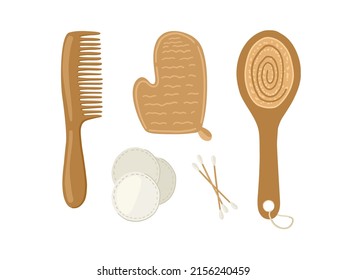 Eco tools and wooden beauty equipment. Vector illustration with wooden hair comb, cotton buds, cosmetic sponges, exfoliation brush and luffa. 