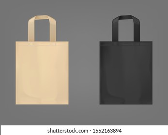 Eco tote bags, black and brown blank fabric shopping handbags with handles made of reusable materials isolated on grey background. Mockup design elements. Realistic 3d vector illustration, clip art