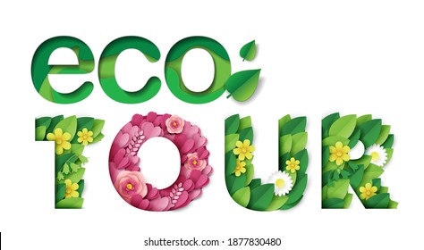 Plantilla de banner vectorial de tipografía turística ecológica. Estilo artesanal de papel rosa, amarillo, blanco y hojas verdes. Turismo ecológico, viajes sostenibles, exploración de la naturaleza.