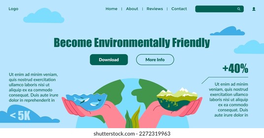 El turismo ecológico, se hace respetuoso con el medio ambiente. Descargar información sobre ecología y conciencia ambiental y temas, proteger la naturaleza. Página de inicio del sitio web, sitio en línea. Vector de estilo plano