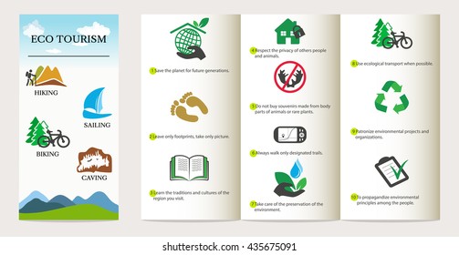 Eco tourism concept. Brochure with icons and text. Eco friendly design elements. Vector illustration.