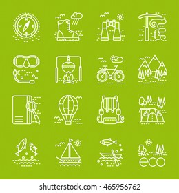 Eco tourism icons set on green background. Collection of line style design element. Can be used for web page, banner, info graphics