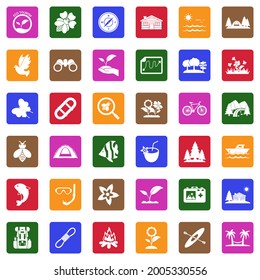 Eco Tourism Icons. White Flat Collection In Square. Vector Illustration.