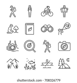 Eco tourism line icon set. Included the icons as traveler, camera, map, tourist, view, bird watching, camping and more. - Shutterstock ID 708326779