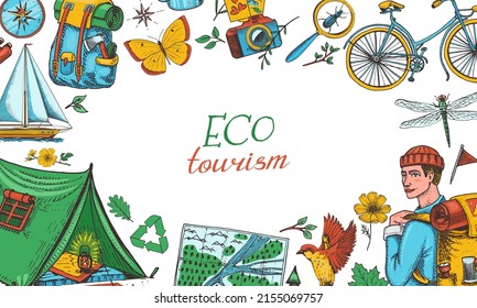 Eco Tourism Poster Or Banner.. Eco Friendly Tourism. Tourist With Backpack And Tent. Wild Nature. Bicycle, Map, Animals And Plants. Hand Drawn In Vintage Style. Vector Illustration.